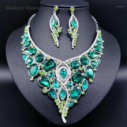 Earrings & Necklace Fashion Green Shiny Bridal Jewellery Sets 2021 With Crystal Wedding Necklaces And Stud Accessories Prom
