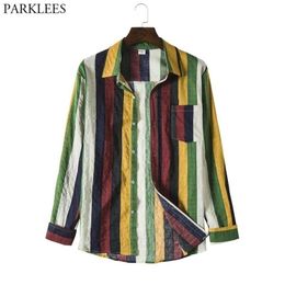 Stylish Colorful Vertical Striped Shirt Men Fashion Patchwork Design Mens Dress Shirts Casual Button Down Party Holiday Chemise 210522