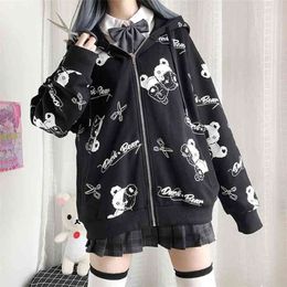 Deeptown Gothic Sweatshirt Women Black Zip Up Hoodie Fashion Autumn Clothes E Girl Hoodies Korean Long Sleeve Emo Pullover 210803