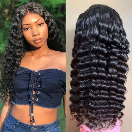 13x1 Human Hair Lace Front Wigs Mongolian Deep Wave T Part Wig with Baby Hair Bleached Knots 130% Density