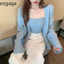 Ezgaga Two Piece Set Women Outwear Knitted Sweater Cardigan Tender Lady Solid Breast Wrap Tops Elegant Vest Autumn Sexy Outfits 210430