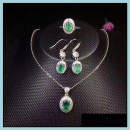 emerald drop necklace Canada - Sets Bracelet, Earrings & Necklace Natural Emerald Jewelry Set Real 925 Sterling Sier 1Pc Pendant,1Pc Ring ,2Pcs Earring Drop Delivery 2021