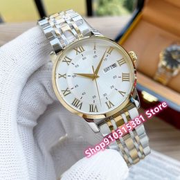 Luxury New Rose Gold Roman Number Watch Stainless Steel Automatic Mechanical Men Watches Classic Double Calendar Clock 40mm