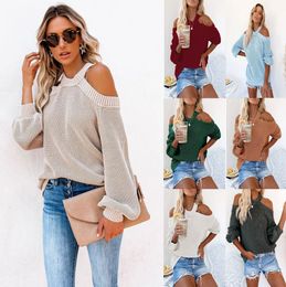 Knits Tees 2021 autumn and winter new commuter OL large size sexy off-the-shoulder solid Colour loose knit sweater women