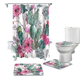 Shower Curtains Tropical Plant Green Cactus Pink Flower Curtain Sets Non-Slip Rugs Toilet Lid Cover And Bath Mat Bathroom Set
