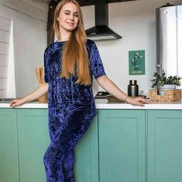 HiLoc Velvet Sleepwear Warm Solid Winter Pajama Short Sleeve Home Suit For Women Loungewear Blue Sleep Set Loose Pajamas 210330