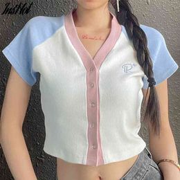 Sexy Women Embroidery V-neck Short Sleeve T-shirt Clubwear Buttons Bodycon Patchwork Crop Tops Summer Outwear Tee Shirt Femme 210514