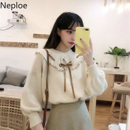 Neploe Sweaters for Women Lace Up Peter Pan Collar Knitted Pullovers Loose Lantern Sleeve Sueter Mujer Sweet Jumer Coat 4G920 210422