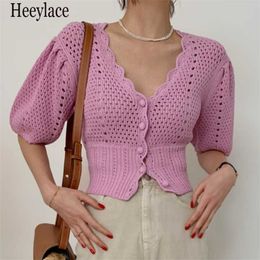 Summer Casual Knitwear Sweater Puff Sleeve Hollow Out Crochet Flower Cardigan Women Elegant V Neck Slim Knit Crop Tops 211018