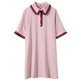 PERHAPS U Pink Turn Down Collar Short Sleeve Beading Pearl Button Pocket Mini Dress Solid Straight Loose Summer Casual D0521 210529