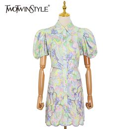 Elegant Print Dress For Women Lapel Puff Short Sleeve High Waist Hollow Out Mini Dresses Female Summer Fashion 210520