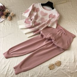 Summer Sweet Love Pattern Knitted Women Two Piece Set Short Sleeve O-neck Pearls Pullover Tops And Haren Pants Suit 2 Piece Set 210514