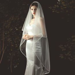 Elegant Bridal Veils Bride Veil Fingertip Length Two-Layer Simple Handmade Noble Tulle Ribbon Edge Wedding Veil Headwear Comb2443