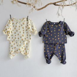 Autumn Lemon Printed Baby Clothes Boys Girls Set Baby Long Sleeve Tops And High Waist Pants Cotton Toddler Kids Pajamas Set 210413