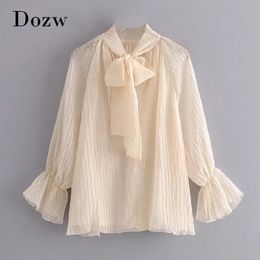 Solid Elegant Blouse Shirt Bow Tie Neck Lace Mesh Shirt Women Chic Ruffles Long Sleeve Dot Embroidery Ladies Tops 210414