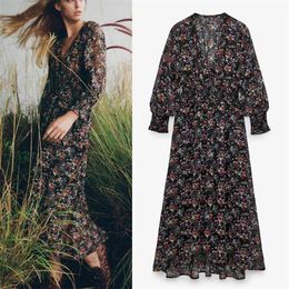 Black Floral Printed Midi Dress Women Asymmetric Hem Long Sleeve V Neck Woman Elastic Waist Elegant es 210519