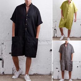 Men Casual Oversized Loose Jumpsuit Short Sleeve Cargo Shorts Summer Playsuit H9 X0610