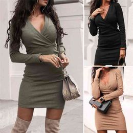 Women Dress Bandage Bodycon Club Evening Party Short Mini Sexy Long Sleeve V-Neck Female Elegant Ladies Clothing 210522