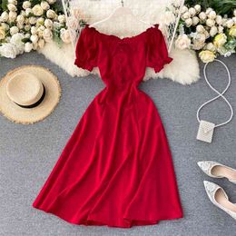 Sweet Wooden Ear Casual Dress Summer Chic Women Fashion Slash Neck Short Sleeve Slim Solid Colour Vestidos N079 210527