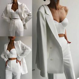 White Bridal Wedding Suits Peaked Lapel Long Sleeve Bride Photography Outfits Leisure Evening Party Wear (Jacket+Pants)