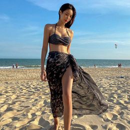 Three Piece Suits Swimsuit Plant Print Wrap Sexy Bikinis String Women 2021 Bikini Set Beach Sarong Biquini Women's Swimwear