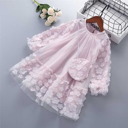 3-7 Years High Quality Spring Girl Dress Chiffon Flower Ruched Kid Children Clothing Princess with bags 211231