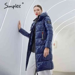 Warm elegant women coat with hat Casual design pocket parka Fashion navy female long winter windproof jacket 210414