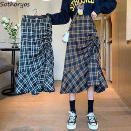 Ruffles Long Lady Skirts Korean Style Asymmetric Drawstring Chic Fashion High-waist Casual Plaid Harajuku New Outwear All-match G220309