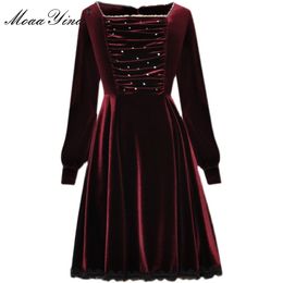 Fashion Designer dress Spring Women's Long sleeve Beaded Square Collar Ruched Velvet Dresses 210524