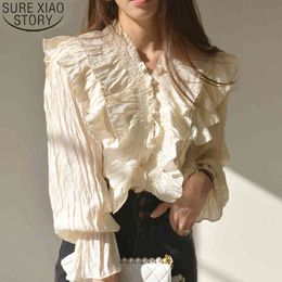 Puffed Long Sleeve Shirts Korrean Fashion Ruffles Womans Tops and Autumn V-neck Loose Pleated Blouses Blusas 10573 210417