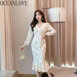 Print V Neck Elegant Vestidos High Waist Spring Chic Korean Women Dress Vintage Mermaid Dresses Fashion 15775 210415