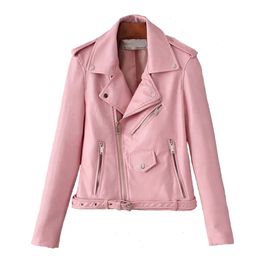 Women Pu Faux Leather Outwear Jacket Pocket Zipper Pink Yellow Solid High Street C0034 210514