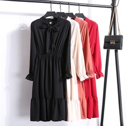 Spring Autumn Solid High Waist Long Sleeve Dresses With Bow Casual A-Line Fashion Women Chiffon 210514