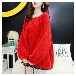 autumn fresh and sweet pullover sweater women loose outer wear pure Colour all-match knitted 210427