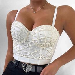 Women Bra Sexy Hot Solid Fashion Suspenders Pearl Beaded Stylish High Waist Slim Top Party Temperament Female Short Top 210422