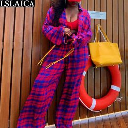 Woman Two Piece Outfit Set Fashion Plaid Long Sleeve Tops Wide Leg Pants Sets Casual Loose Womens Lounge Wear Autumn 210520