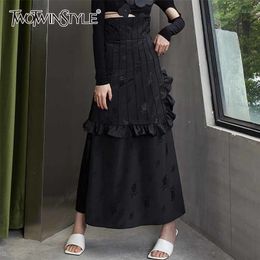 Black Patchwork Vintage Skirt For Women High Waist Solid Ankle Length Skirts Female Clothing Fashion Style 210521