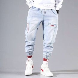 Fashion Hip Hop Streetwear Pants Mens Cargo Men's Jeans Elastic Waist Male Harem Joggers Sky Blue Black 210702