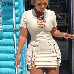 Nibber Sexy V-Neck Skinny Mini Dress Women Y2k Hollow Out Short Sleeve Bandage Pocket Bodycon Dresses 2021 Birthday Outfits Y0726