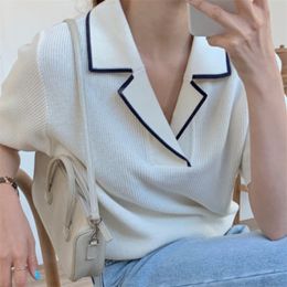 Simple Short Sleeve Pullover Top Women Turn Down Collar Slim Preppy Style Temperament Sweater Summer Puff Jumpers 210519