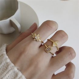 Real 925 Sterling Silver Open Ring For Women Korean Gold Plated Double Triangle Flower Square Finger Rings Jewellery YMR869