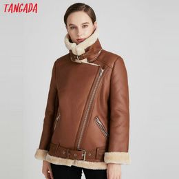 Women brown fur faux leather jacket coat with belt turn down collar Ladies Winter Thick Warm Oversized 5B01-1 210416