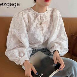 Ezgaga Elegant Blouse Women Korean Chic Spring Tender Flower Design Lantern Sleeve Loose Ladies Shirts Fashion Tops 210430