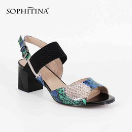 SOPHITINA Big Size Lady Sandals Fashion Mixed Colors Sheepskin Buckle Strap Leather Square Heel Elegant Casual Shoes Woman SC20 210513