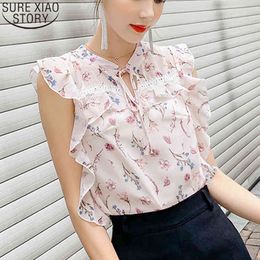 French Women Blouses Ruffle Pullover Shirts Tops Feminine Print Chiffon Blouse Summer Pink Sleeveless Ladies Clothes 10028 210417