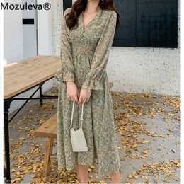 Mozuleva Spring Summer A-line Vestidos Elegant V-neck Green Women Dress Full Sleeve Floral Print Elastic Waist Female Dress 210706