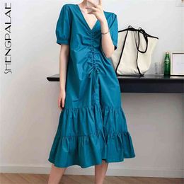 Women Elegant Drawstring Blue Long Dress V-Neck Short Sleeve Loose Fit Fashion Tide Spring Autumn 1DD5607 210427