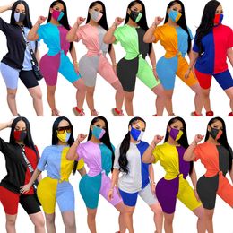 2020 Summer Hot Selling Two Piece Set Women 's Stitching Printing Colour Contrast Tight Casual Sexy Suit With Mask X0428
