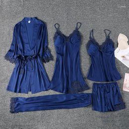 Women Sexy Lace Trim Robe Set Solid Color Kimono Bath Gown Sleepwear 5PCS Home Wear Silky Loose Night Size M-XXL1