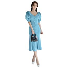 Blue Maxi Long Dress for women Summer Short Sleeve V neck Polyester Ladies Sexy Party Office korea Mermaid Dresses 210602